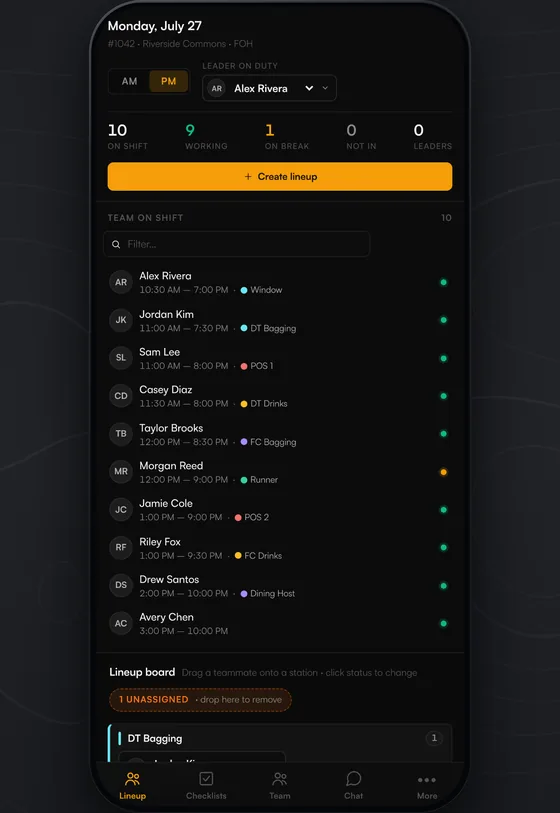 LineReady shift lineup on iPhone, showing who is on shift and which station each person is working